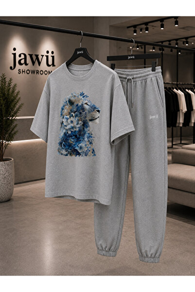 JAWÜ STYLE Blue Lion Printed T-Shirt Tracksuit Set