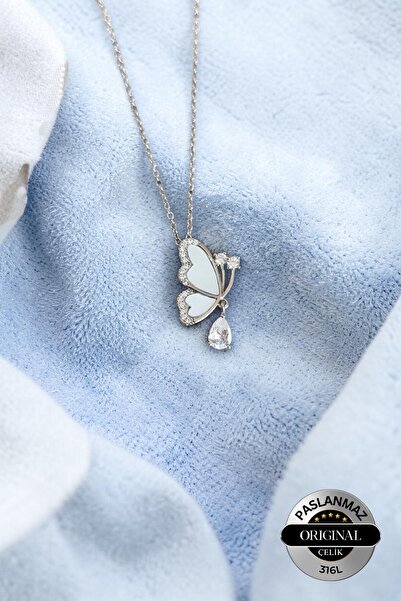 Lynare Sparkling Dangling Zircon Stone Butterfly Model Steel Necklace