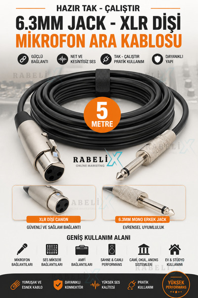 Rabelix Online Marketing Tak Çalıştır 5 Metre Mikrofon Kablosu 6.3mm Mono Erk...
