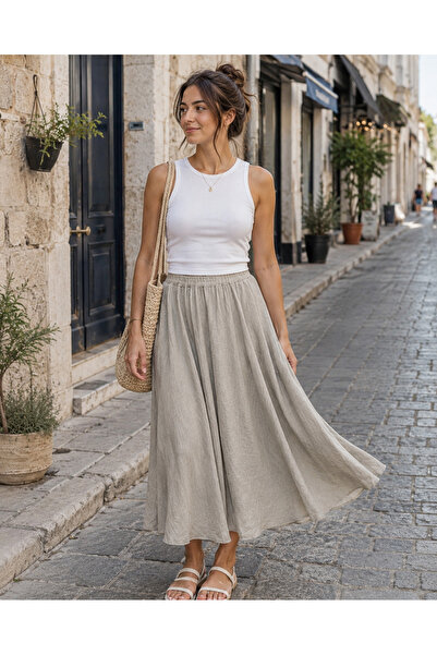 EREN STYLE Italian Linen Flared Skirt with Elastic Waist (Length: 110 cm)