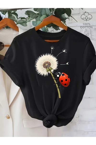 121 100% Women's Plus Size T-Shirt Insect Dandelion Print Round Collar Short ...