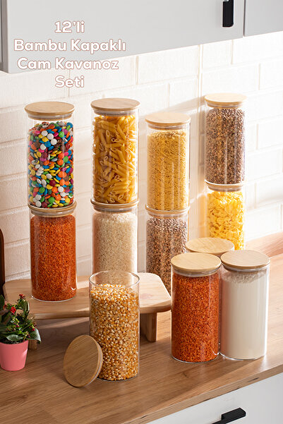 Porsima 3-4 Bamboo Vacuum Lids Round Borosilicate Glass 12-Piece Jar Set Stor...