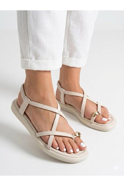 Lütfi Women's Beige Gold Ring Detailed Soft Sole Casual Flip-Flop Sandals
