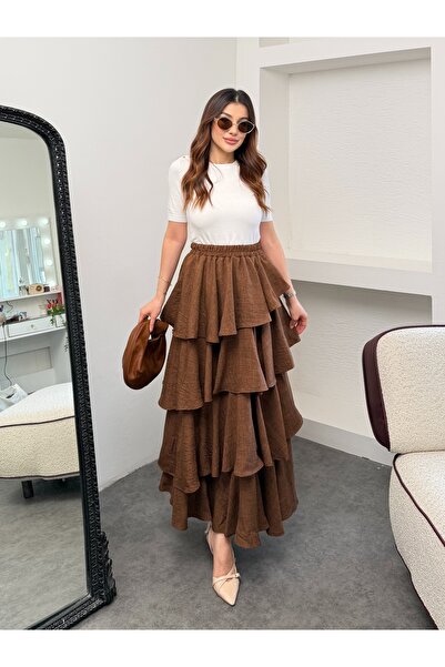 Hatun Atila Filament Linen Fabric Ruffle Skirt 5193 Brown