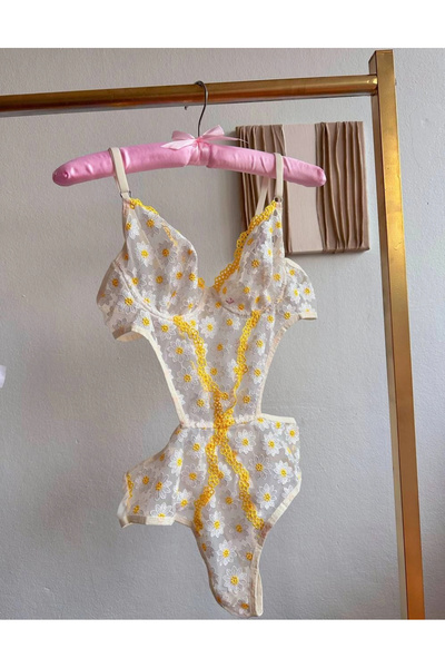 ARONA Transparan Çiçekli Desenli Bodysuit-sarı papatya