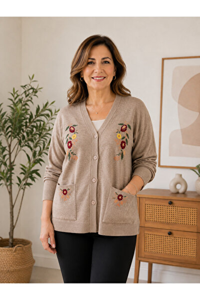 İDO Floral Embroidered Steel Knitted Cardigan