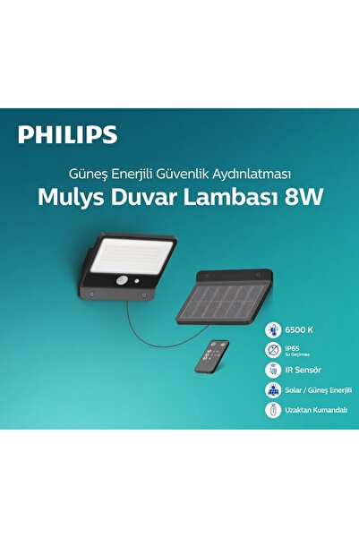 Philips 8W=50W 865 1000LM Mulys Sensörlü Kumandalı Solar LED Projektör
