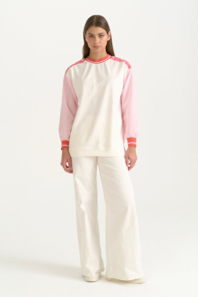 Nihan Fabric Mix Ribbed Modal Blend Sweatshirt - Pink