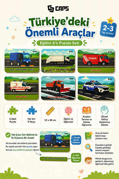 caps 6 Adet Eğitici Araçlar Puzzle Seti Bul-Tak İsim Öğrenme Oyunu 9 Parça 2-...
