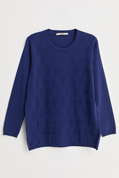 Nihan Plus Size Self-Patterned Viscose Sweater - Navy Blue