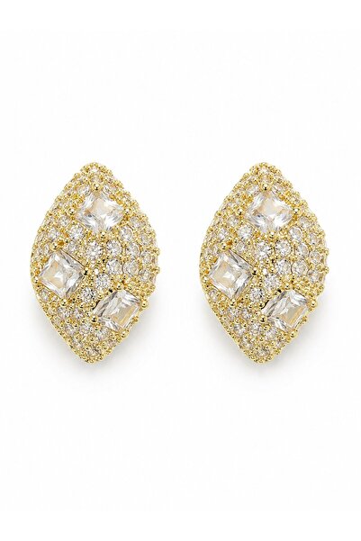 serelya Brass Gold Color Zircon Stone Embroidered Drop Model Women's Earrings