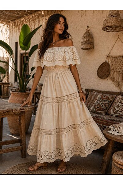 LOKADI Women's Cream Madonna Collar Scallop and Lace Detailed Bohemian Long D...