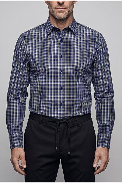 Bisse Navy Blue Regular Fit Pocketless Long Collar Shirt