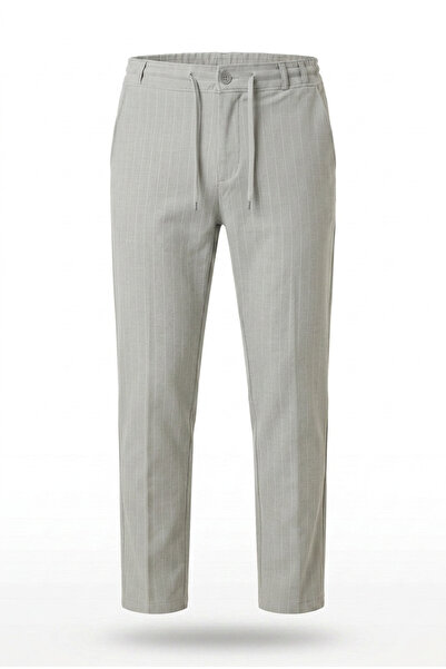 ELAFRO Men's Gray Striped Jogger Slimfit Patterned Buttoned Zipper Trousers