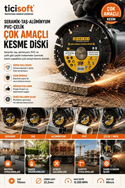 Ticisoft 115mm Çok Amaçlı Kesme Diski Seramik Taş Alüminyum PVC Çelik Kesici ...