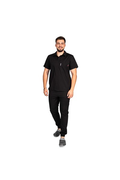 RUNI Costum medical stretch polo barbati negru, cu bluza in V si pantaloni ti...