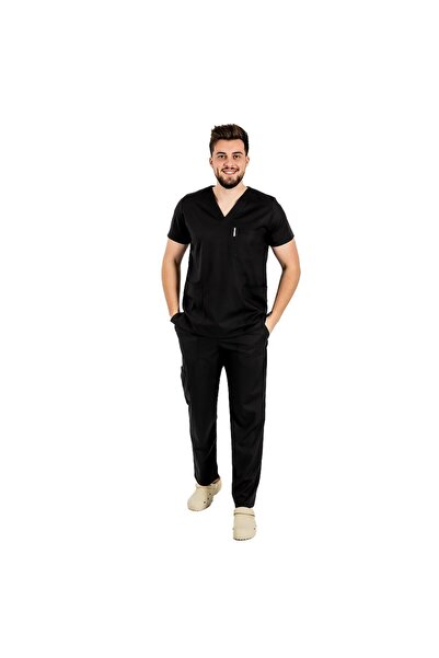RUNI Costum medical stretch barbati negru cu bluza in V si pantaloni cu snur ...