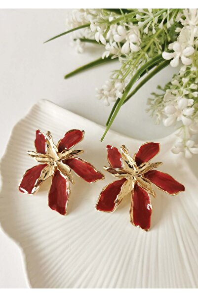 Halley Concept Red Stella Enamel Coated Flower Shaped Steel Earrings 5X5 cm
