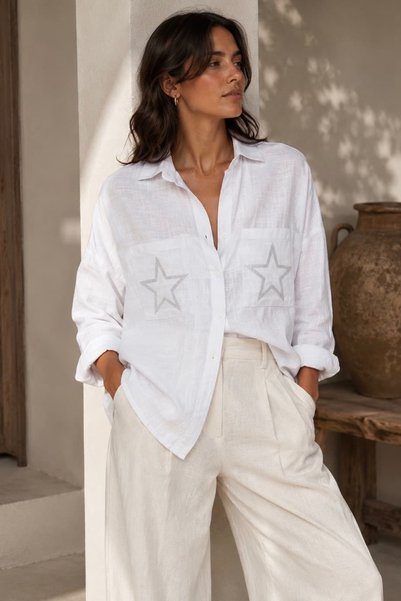 bb butik basic Yıldız Taş Detaylı Flamlı Keten Oversize Gömlek %100 Pamuk Rahat Kesim Yazlık Gömlek TR0935