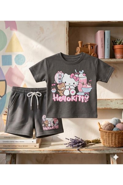 jeliboomkidswear Smoke Color Hello Kitty Printed Shorts and Top Summer Girls' Set
