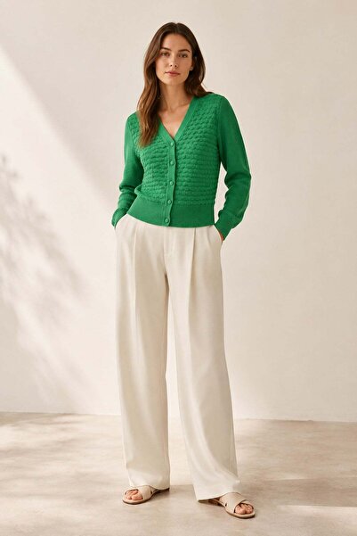Ferraro Green V-Neck 100% Organic Cotton Buttoned Women's Knitwear Cardigan
