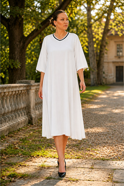 DARKWIN Plus Size V-Neck Stone Detailed Short Sleeve Midi Length Women's Dress