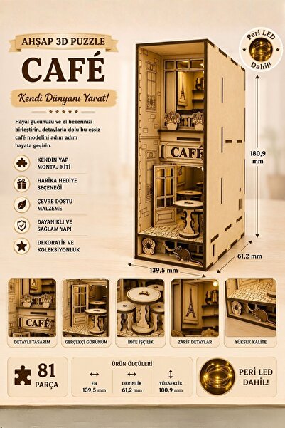ALGWOOD Café Book Nook – Lazer Kesim Ahşap 3D Puzzle | DIY Paris Kafe Kitaplı...
