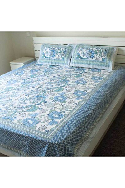 Weswadesi Bedsheet with 2 Pillow Covers – Light Blue and White Print