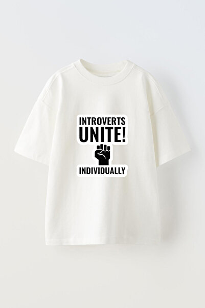 Anetos Tricou oversize alb din bumbac cu imprimeu frontal Introverts Unite De...