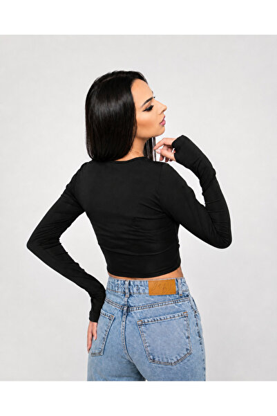 OEM Crop top damă negru, cu mâneci lungi si decupaje frontale JQZ 3