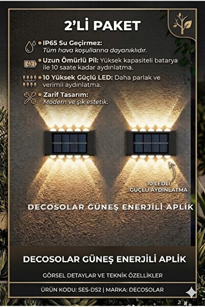 TeknoEser 2'li Set Güneş Enerjili Duvar Apliği - 10 LED'li, Su Geçirmez Dış M...