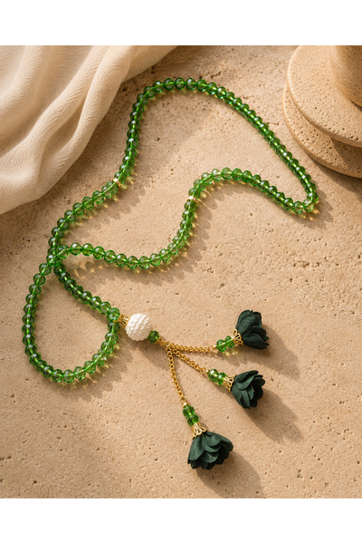 thesmt studio Green Crystal Glass Beaded Rosary with Roses, 99 Pieces