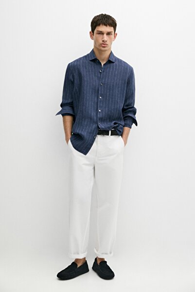 Massimo Dutti Regular fit delave çizgili %100 keten gömlek