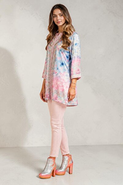 SHOPPEBUTİK Satin Pink Butterfly Patterned Tunic Shirt with Leopard Stone Det...