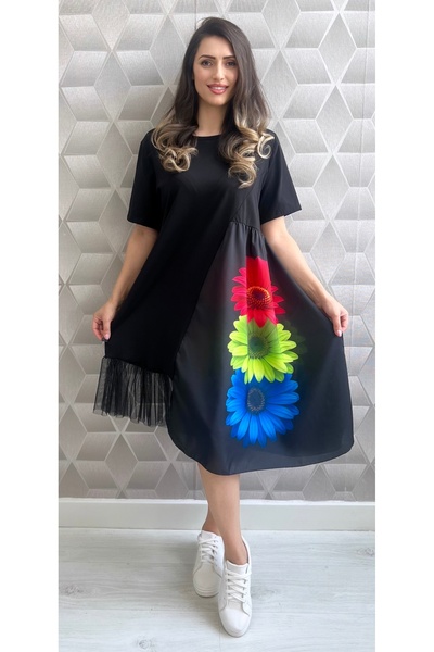 styleFlex Asymmetrical Cotton Dress with Oversized Floral Printed and Tulle R...