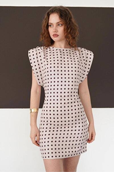 VERYMODA Polka Dot Crew Neck Above Knee Dress - Stone |   D3013