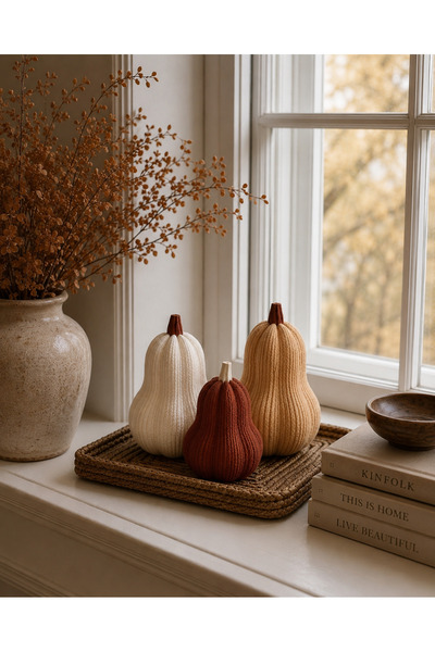 MSVstudio3d Modern Dekoratif Balkabağı Seti | Örgü Dokulu 3’lü Set (10-8-6 cm)