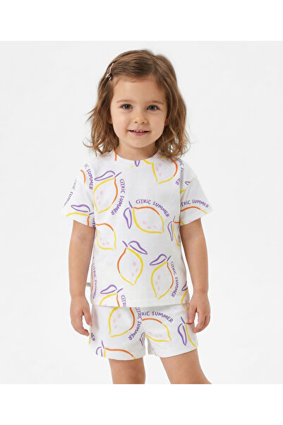 Bonfino 100% Cotton All-Over Lemon Printed T-Shirt with Shorts Set - White
