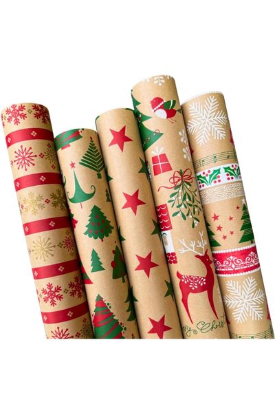 Other Hârtie de împachetat cadouri de Crăciun - 5 role de 2 m x 70 cm |   Hârtie Kraft fabricată din hârtie reciclată cu motive de Crăciun |   Produs în Europa, hârtie de împachetat cadouri de Crăciun stabilă și rezistentă la rupere.
