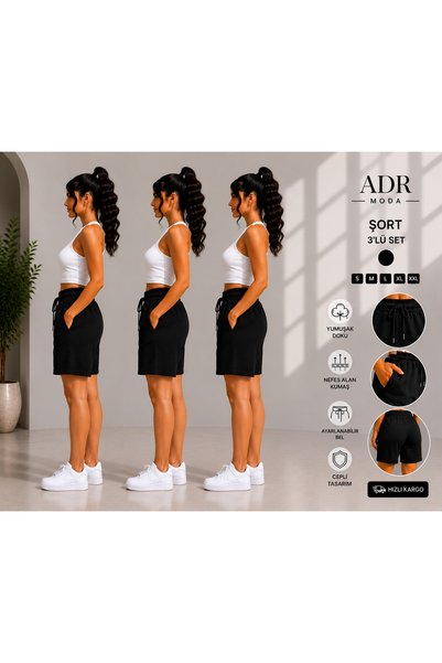 ADR MODA طقم شورتات رياضية من 3 قطع باللون الأسود، مريح وعملي، لا يظهر تحت الملابس