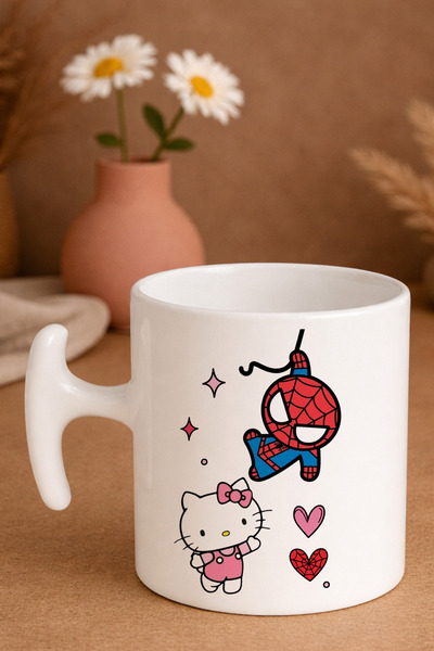Witchy Co Örümcek Adam & Hello Kitty Baskılı Sevimli, Sevgililere Özel Kupa B...