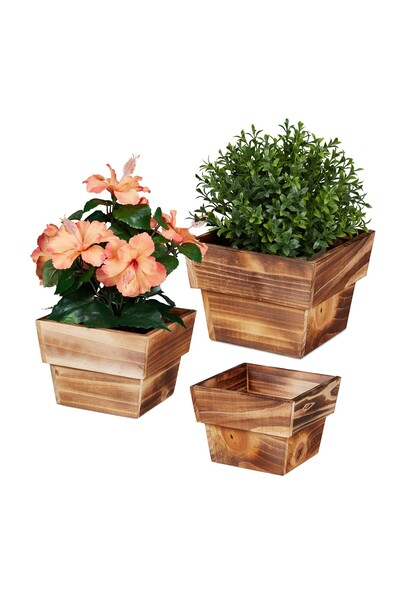 Ayawaska Set 3 Ghivece Rustice pentru Plante, din Lemn Flambat, Potrivite pen...