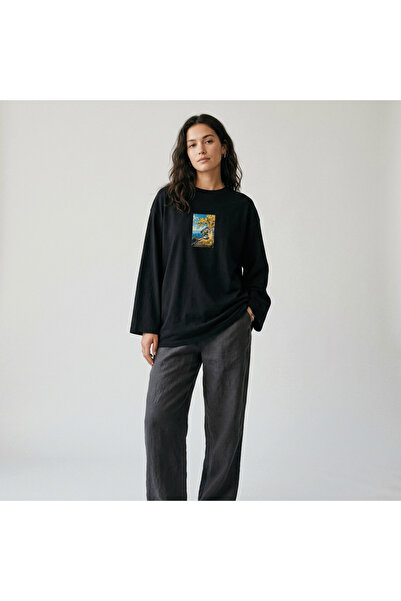 Grafftee Clothing Μαύρο μπλουζάκι Nubarco Oversize με φαρδιά γραμμή, μακρυμάν...
