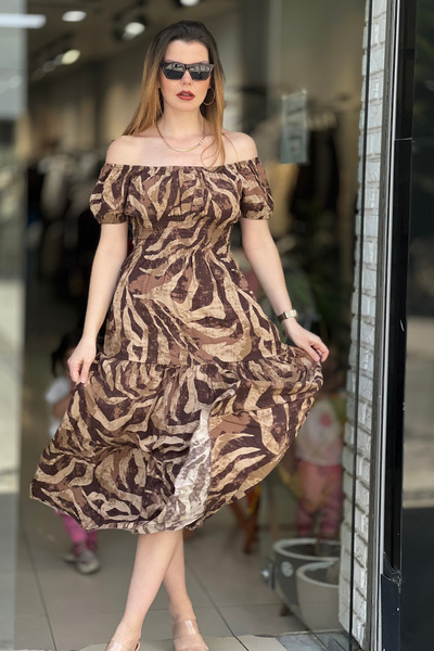 EtkiModa Ženska duga haljina sa niskim dekolteom i uzorkom, sa skupljenim str...