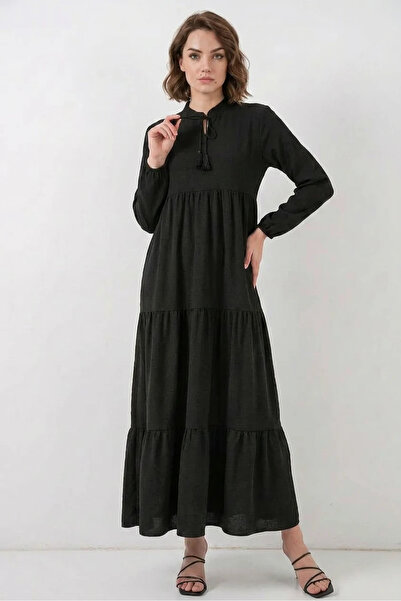 Efnaz style Women's T-Neck Gathered Waist Ruffled Hem Layered Viscose Black D...