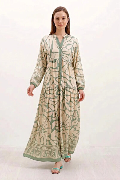 Efnaz style Women's Round Neck Gathered Waist Floral Patterned Viscose Light ...