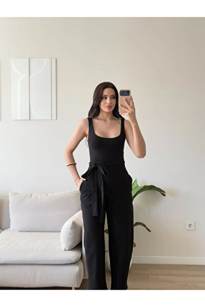Zoom Butik Kuşaklı Ön Arka Kare Tulum - SİYAH