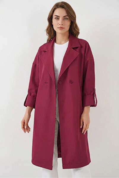 buğrahayalin Women's Double-Breasted Collar Lined Burgundy Trench Coat