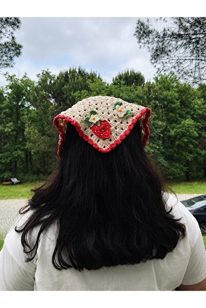 Çiçek Örgü Bandana, Çilek Figürlü Örgü Bandana