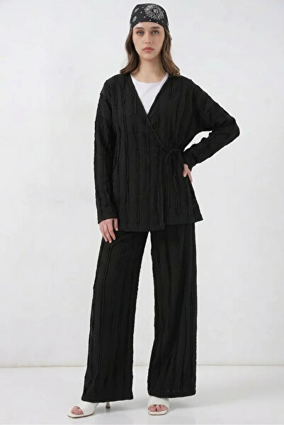 buğrahayalin Women's V-Neck Knitted Black Two-Piece Set